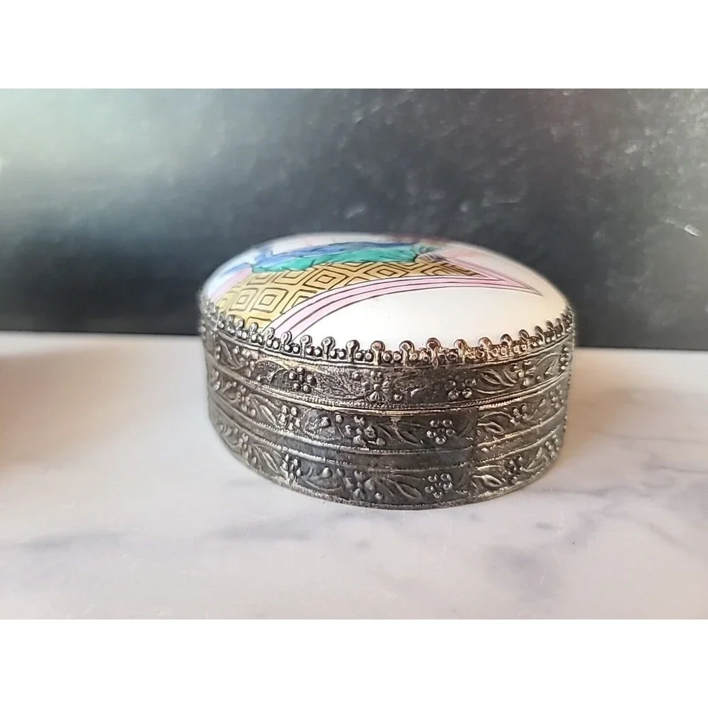 Oval Chinese Silver & Figural Female Porcelain Lidded Domed Box 4.5